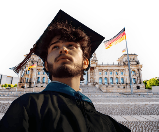 Graduate student celebrating scholarship achievement in front of prestigious university